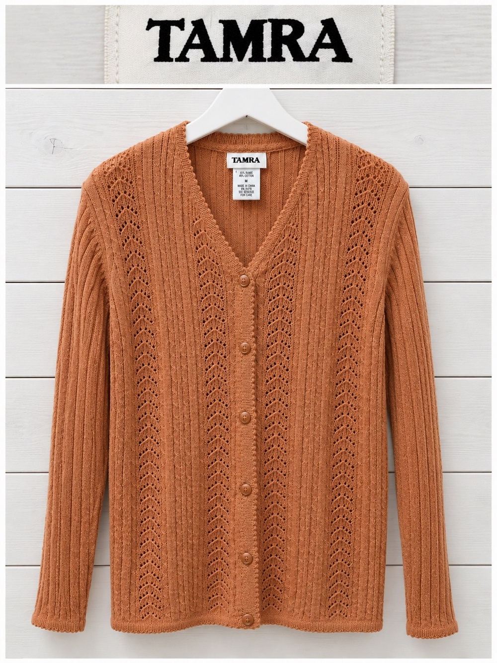 TAMRA VINTAGE OPENWORK KNIT CARDIGAN – WARM TERRACOTTA – SIZE M